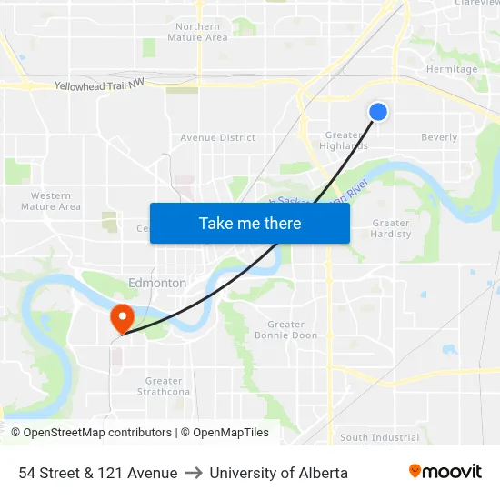 54 Street & 121 Avenue to University of Alberta map