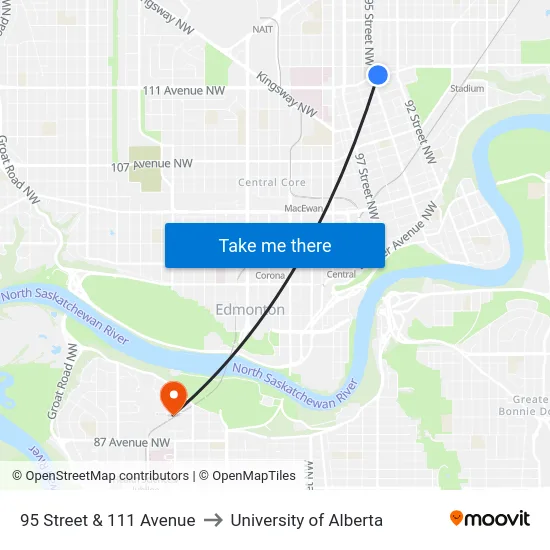 95 Street & 111 Avenue to University of Alberta map