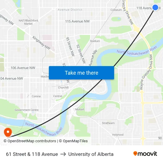 61 Street & 118 Avenue to University of Alberta map