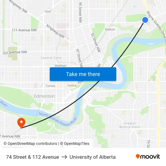 74 Street & 112 Avenue to University of Alberta map