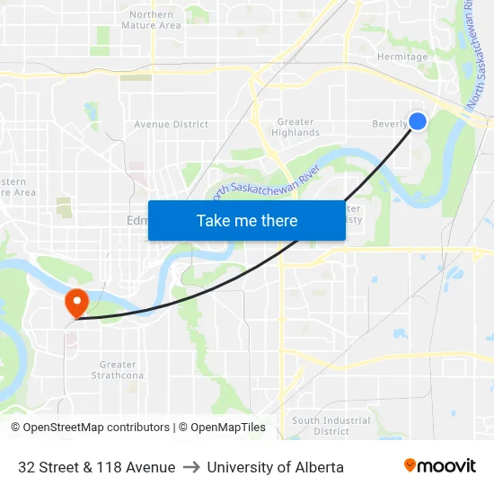 32 Street & 118 Avenue to University of Alberta map
