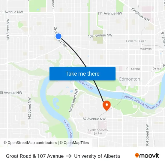 Groat Road & 107 Avenue to University of Alberta map