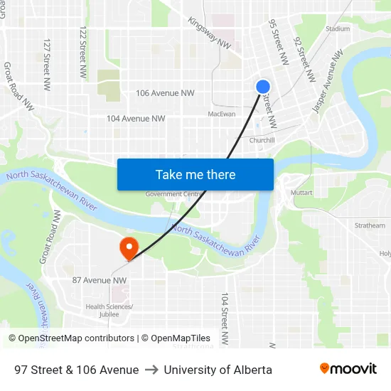 97 Street & 106 Avenue to University of Alberta map