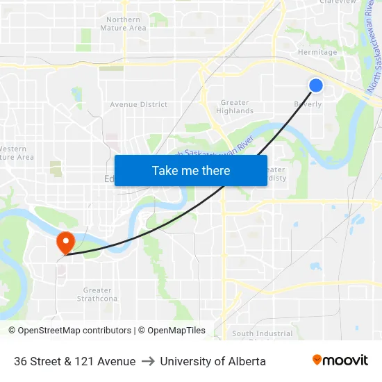 36 Street & 121 Avenue to University of Alberta map