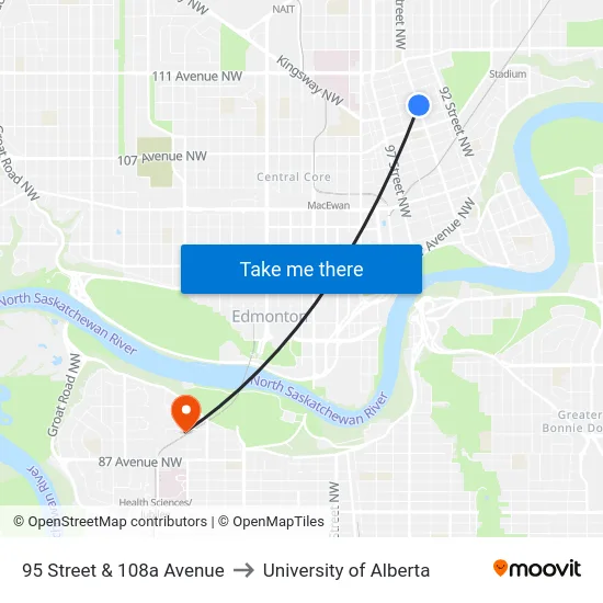 95 Street & 108a Avenue to University of Alberta map