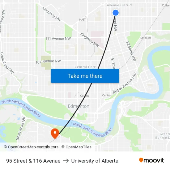 95 Street & 116 Avenue to University of Alberta map