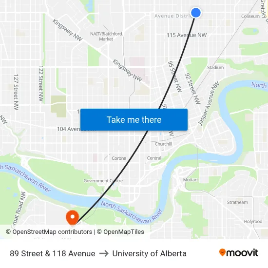 89 Street & 118 Avenue to University of Alberta map