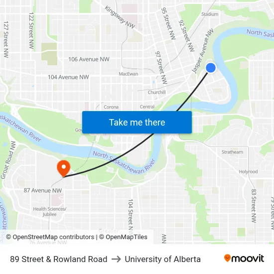 89 Street & Rowland Road to University of Alberta map