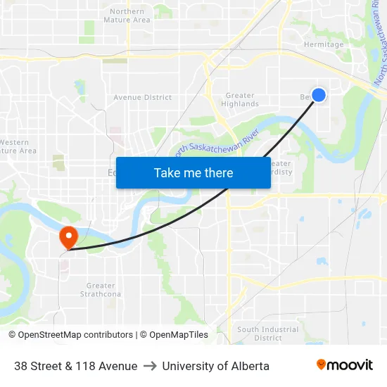 38 Street & 118 Avenue to University of Alberta map