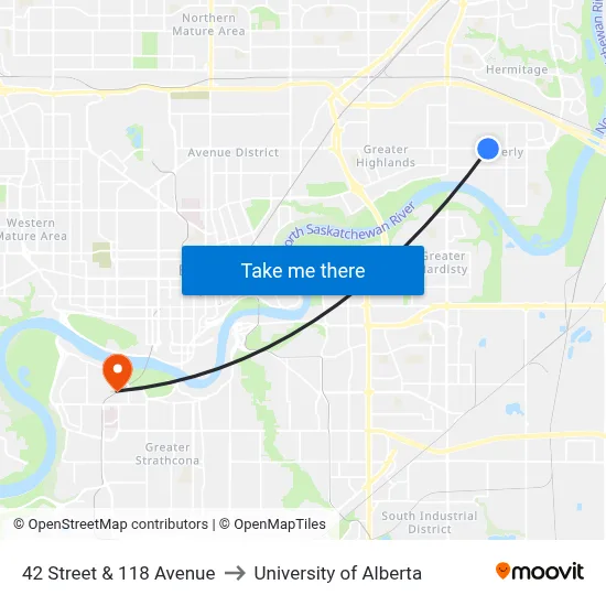 42 Street & 118 Avenue to University of Alberta map