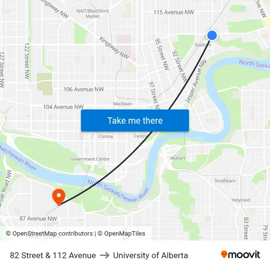 82 Street & 112 Avenue to University of Alberta map