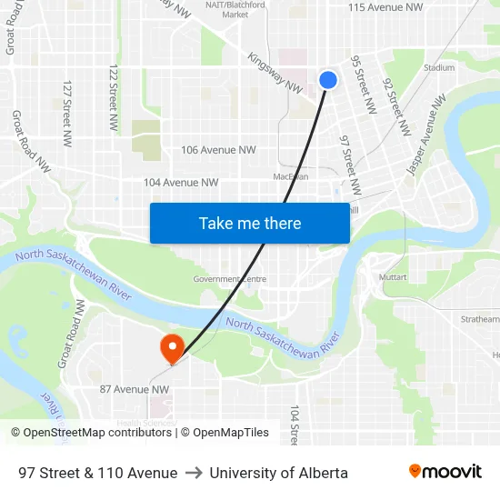 97 Street & 110 Avenue to University of Alberta map