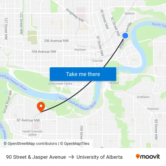 90 Street & Jasper Avenue to University of Alberta map
