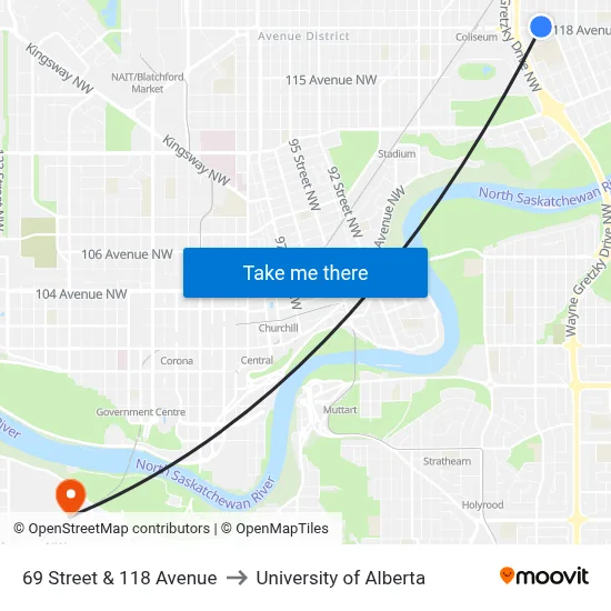 69 Street & 118 Avenue to University of Alberta map