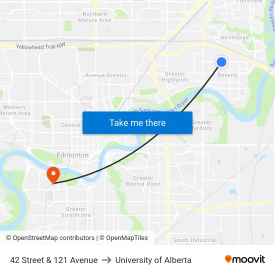 42 Street & 121 Avenue to University of Alberta map