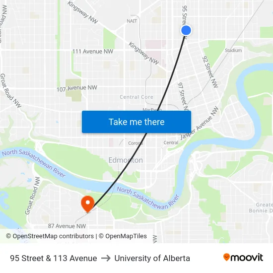 95 Street & 113 Avenue to University of Alberta map
