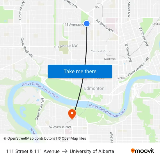 111 Street & 111 Avenue to University of Alberta map