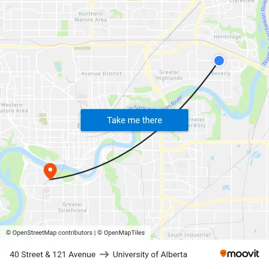 40 Street & 121 Avenue to University of Alberta map