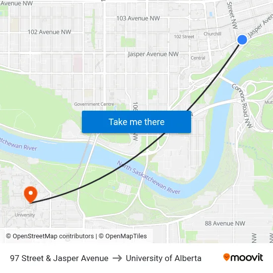97 Street & Jasper Avenue to University of Alberta map