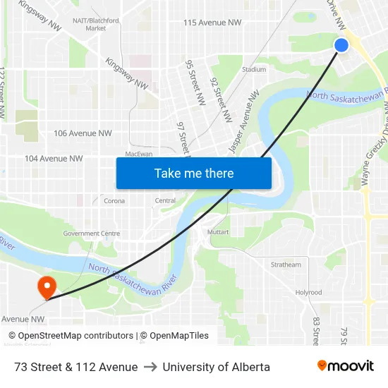 73 Street & 112 Avenue to University of Alberta map