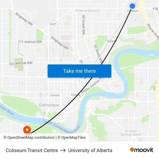 Coliseum Transit Centre to University of Alberta map