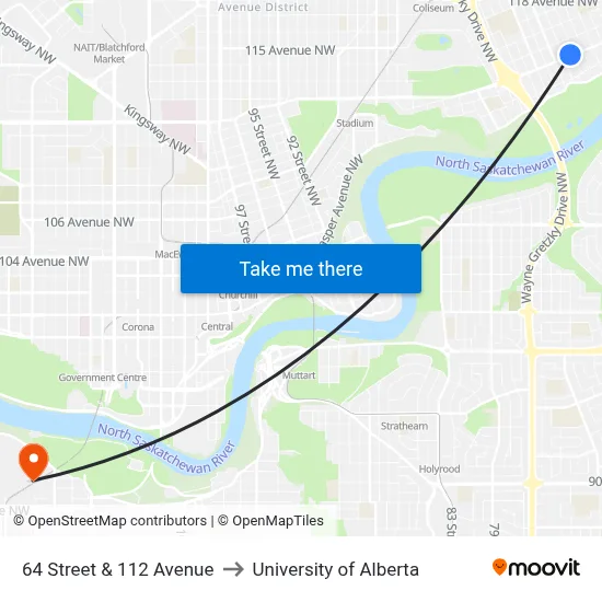 64 Street & 112 Avenue to University of Alberta map