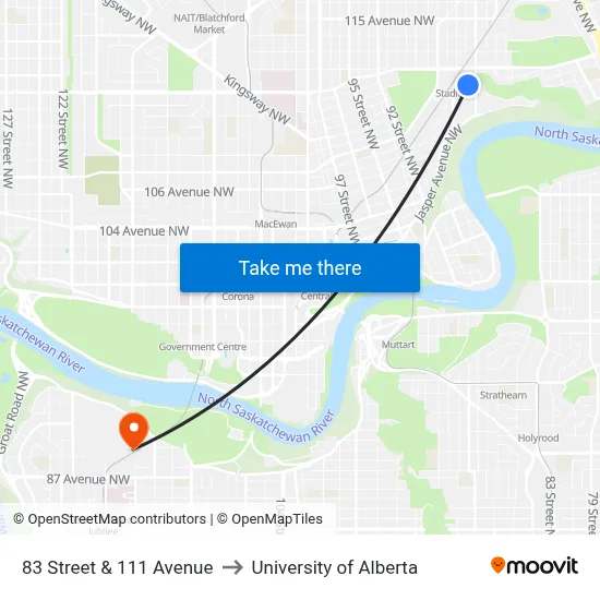 83 Street & 111 Avenue to University of Alberta map