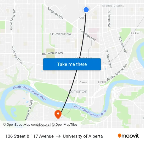 106 Street & 117 Avenue to University of Alberta map