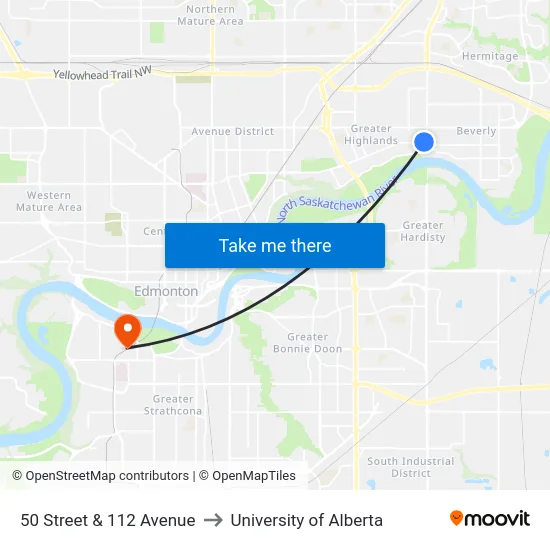 50 Street & 112 Avenue to University of Alberta map