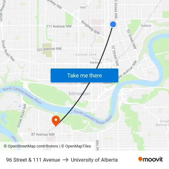 96 Street & 111 Avenue to University of Alberta map