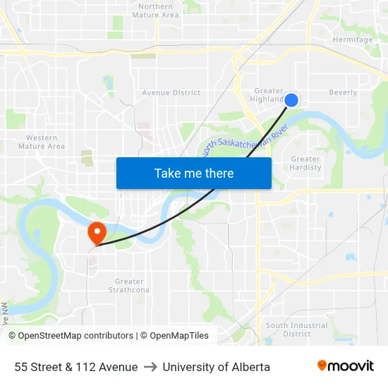55 Street & 112 Avenue to University of Alberta map