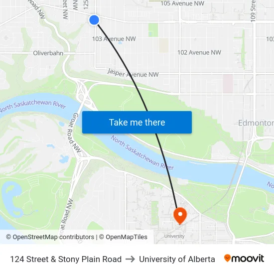 124 Street & Stony Plain Road to University of Alberta map