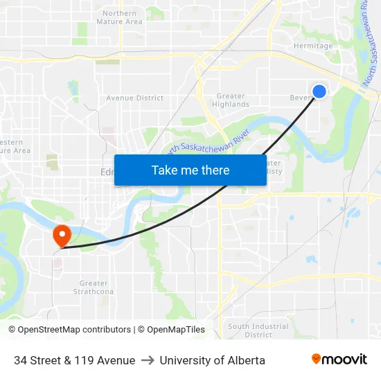 34 Street & 119 Avenue to University of Alberta map