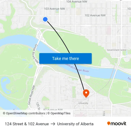 124 Street & 102 Avenue to University of Alberta map