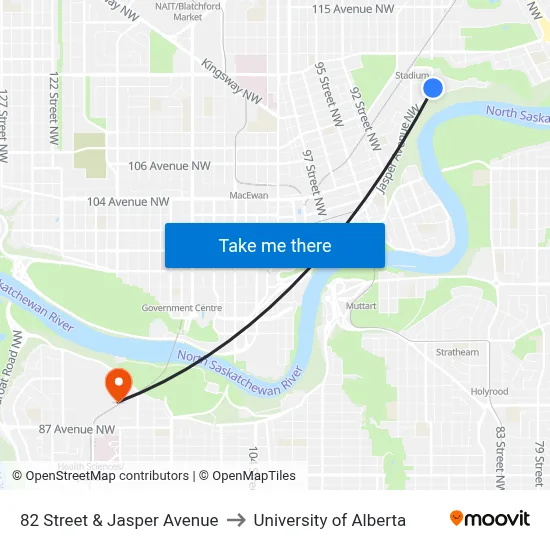 82 Street & Jasper Avenue to University of Alberta map