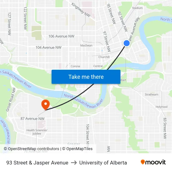 93 Street & Jasper Avenue to University of Alberta map