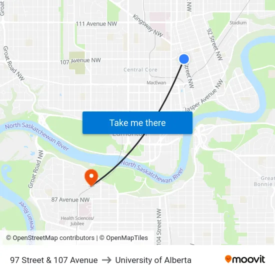 97 Street & 107 Avenue to University of Alberta map