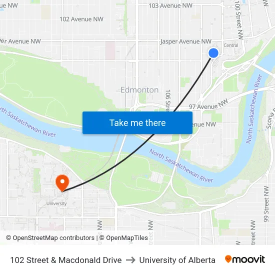 102 Street & Macdonald Drive to University of Alberta map