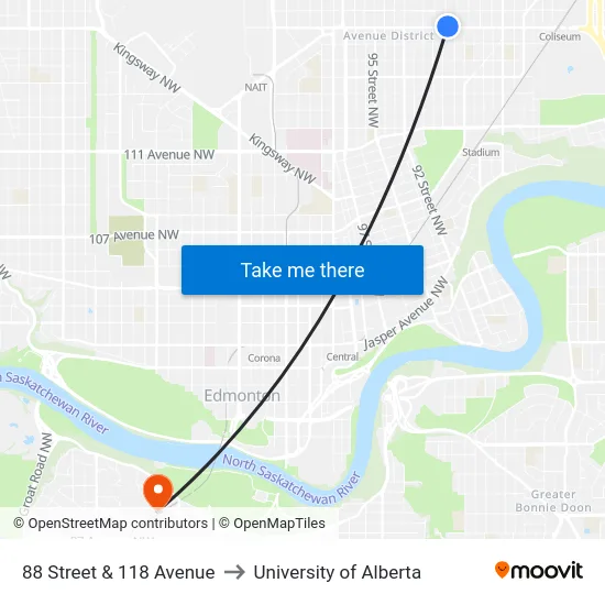 88 Street & 118 Avenue to University of Alberta map