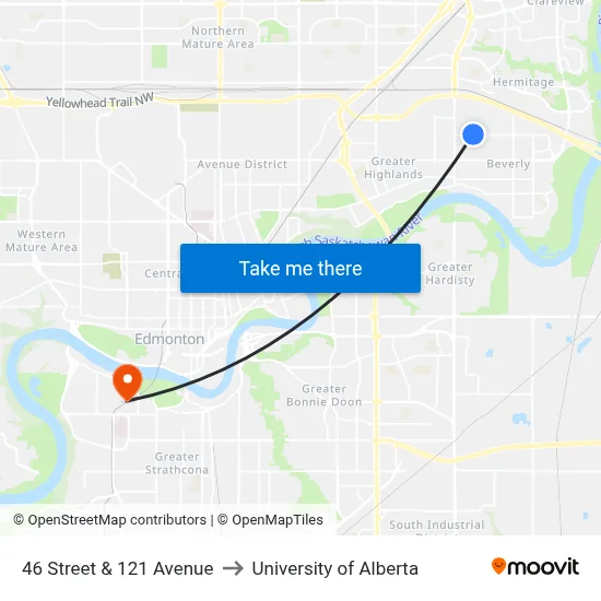 46 Street & 121 Avenue to University of Alberta map