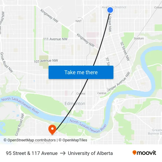 95 Street & 117 Avenue to University of Alberta map