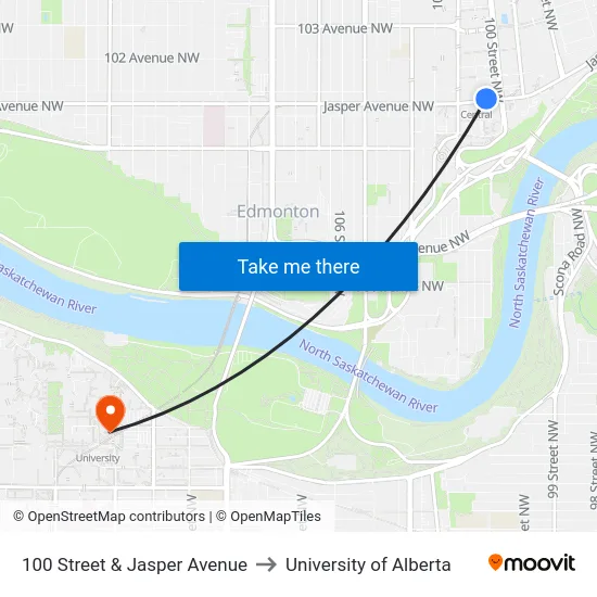 100 Street & Jasper Avenue to University of Alberta map