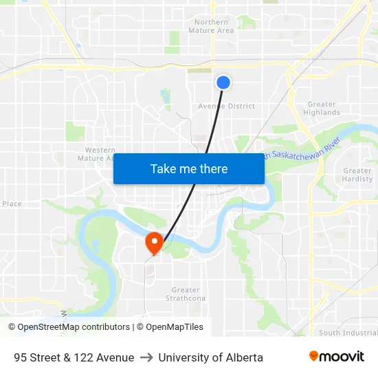 95 Street & 122 Avenue to University of Alberta map