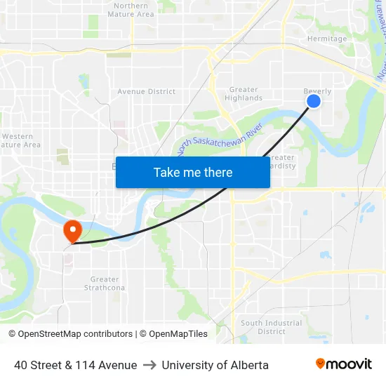40 Street & 114 Avenue to University of Alberta map