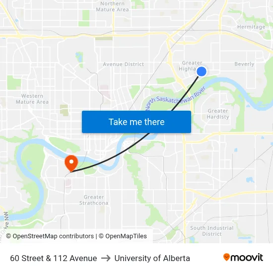 60 Street & 112 Avenue to University of Alberta map