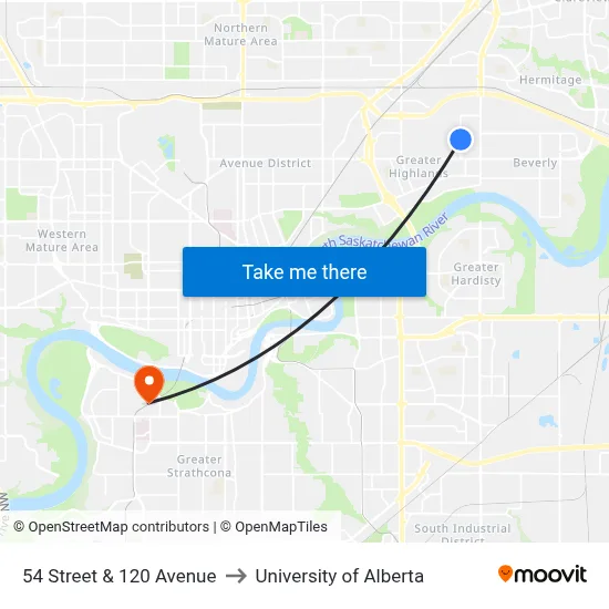 54 Street & 120 Avenue to University of Alberta map