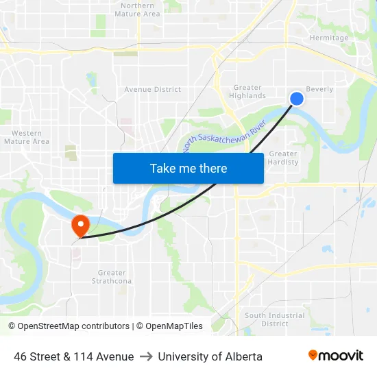 46 Street & 114 Avenue to University of Alberta map