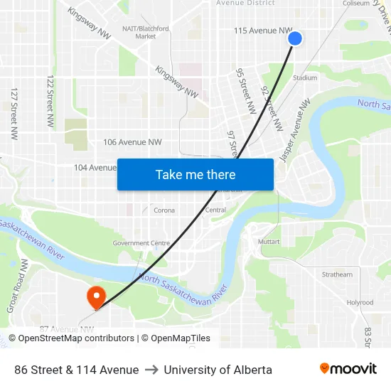 86 Street & 114 Avenue to University of Alberta map