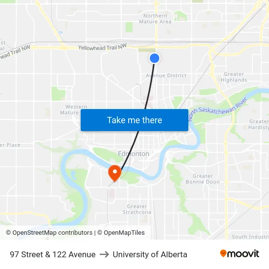 97 Street & 122 Avenue to University of Alberta map