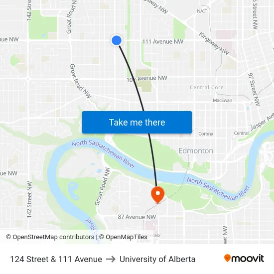 124 Street & 111 Avenue to University of Alberta map
